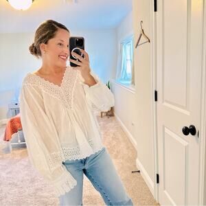 byTiMo White Cotton Eyelet Victorian V Neck Long Sleeve Blouse Top Large